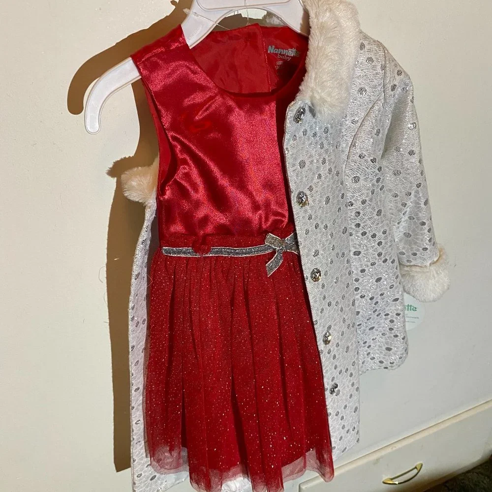 Nannette Baby Girl 2pc. White Sparkly Coat/Red Dress - Picture 3 of 15